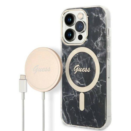 Guess Bundle Pack MagSafe IML Marble - Zestaw etui + ładowarka MagSafe iPhone 14 Pro (czarny/złoty) (GUBPP14LHMEACSK)