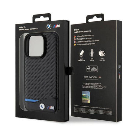 BMW Leather Carbon Blue Line - Etui iPhone 15 Pro (czarny) (BMHCP15L22NBCK)