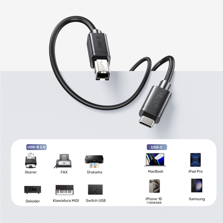 Unitek kabel do drukarki USB C na USB B 2.0 czarny 2m (C14140ABK03-2M)