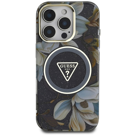Guess Glitter Flowers Triangle Buttons MagSafe - Etui do iPhone 16 Pro (czarny) (GUHMP16LHFLPEDK)