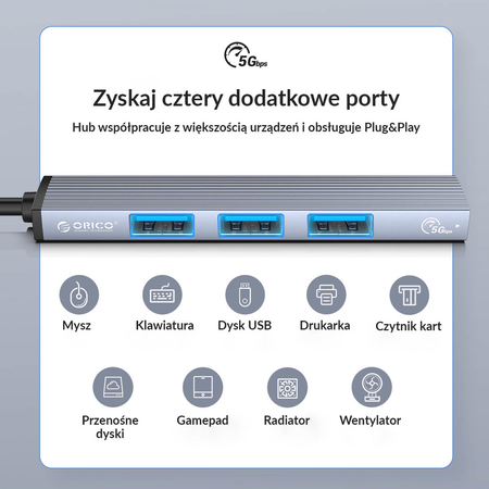 Orico Hub USB-C, USB-A 5Gbps, 3*USB-A 2.0, aluminiowy (AH-13-GY-EP-HW)