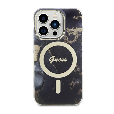 Guess Golden Marble MagSafe - Etui iPhone 14 Pro (Czarny) (GUHMP14LHTMRSK)