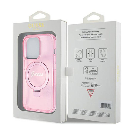 Guess Ring Stand Script Glitter MagSafe - Etui iPhone 15 Pro (różowy) (GUHMP15LHRSGSP)