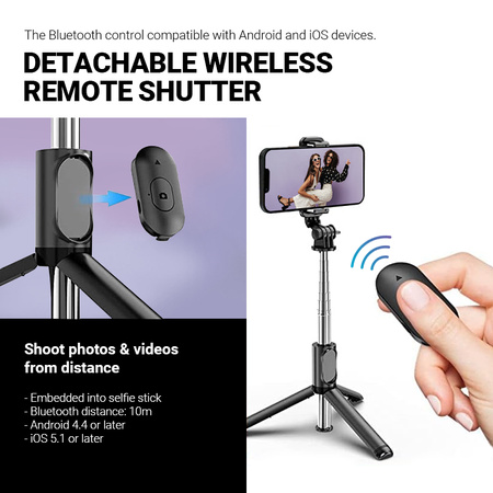 Crong SelfieGo Lite – Kompaktowy selfie stick Bluetooth tripod (czarny) (CRGSGL1BLK)