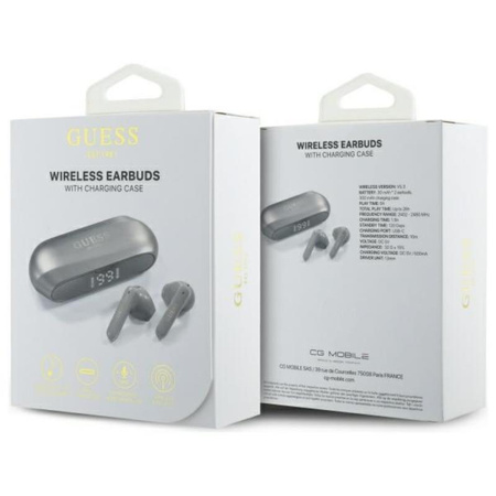 Guess Elongated Metalic Printed Logo - Słuchawki Bluetooth TWS + etui ładujące (szary) (GUTWSC2MCDSE)