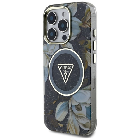 Guess Glitter Flowers Triangle Buttons MagSafe - Etui do iPhone 16 Pro (czarny) (GUHMP16LHFLPEDK)