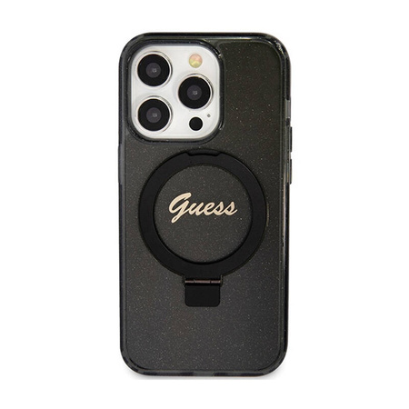 Guess Ring Stand Script Glitter MagSafe - Etui iPhone 15 Pro (czarny) (GUHMP15LHRSGSK)