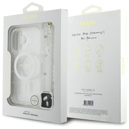 Guess IML Glitter With Pearl Strap MagSafe - Etui iPhone 16 Plus (przezroczysty) (GUHMP16MHGCRELST)