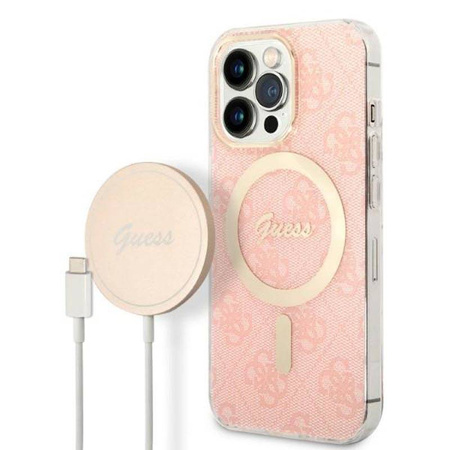 Guess Bundle Pack MagSafe 4G - Zestaw etui + ładowarka MagSafe iPhone 13 Pro (różowy/złoty) (GUBPP13LH4EACSP)