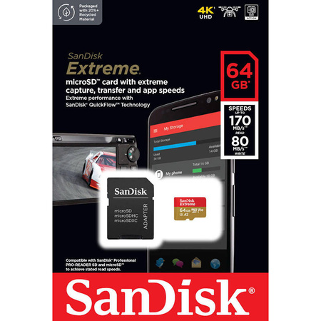 SanDisk Extreme microSDXC - Karta pamięci 64 GB A2 V30 UHS-I U3 170/80 MB/s z adapterem (SDSQXAH-064G-GN6MA)