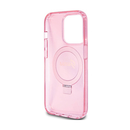 Guess Ring Stand Script Glitter MagSafe - Etui iPhone 15 Pro (różowy) (GUHMP15LHRSGSP)