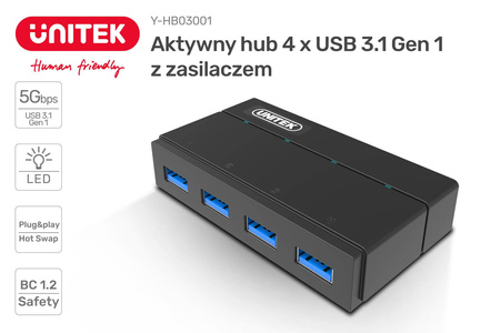 Unitek Y-HB03001 hub 4x USB3.0 z funkcją ładowania (Y-HB03001)