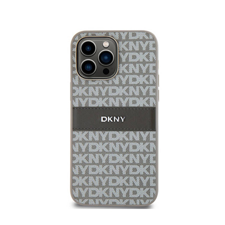DKNY Leather Mono Stripe & Metal Logo - Etui iPhone 14 Pro (beżowy) (DKHCP14LPRTHSLE)