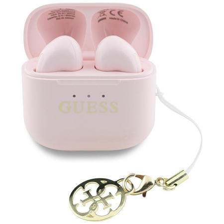 Guess Glossy Effect Printed Classic Logo & Charm - Słuchawki Bluetooth TWS + etui ładujące (różowy) (GUTWSXMCCLP)
