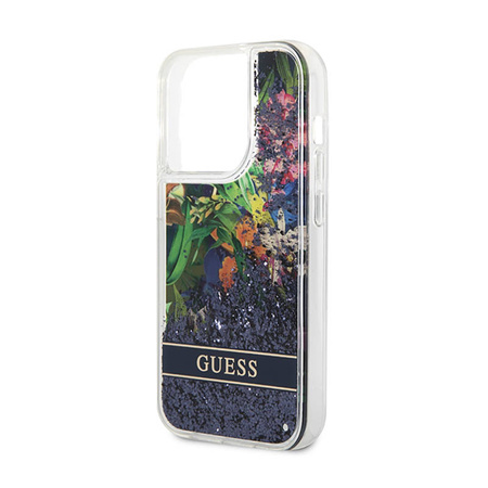 Guess Liquid Glitter Flower – Etui iPhone 14 Pro (niebieski) (GUHCP14LLFLSB)