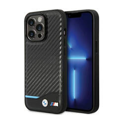 BMW Leather Carbon Blue Line - Etui iPhone 13 Pro Max (Czarny) (BMHCP13X22NBCK)