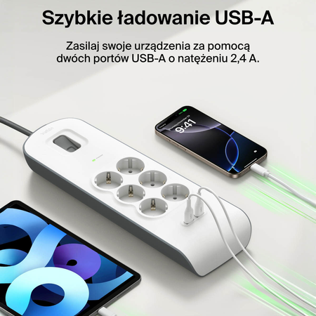 Belkin Listwa zasilająca przeciwprzepięciowa 650J, 6 gniazd Schuko, 2x USB-A, 2m (BSV604VF2M-V2)