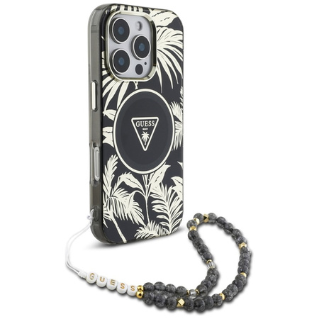 Guess Palm Trees Triangle Pearl Strap MagSafe - Etui do iPhone 16 Pro (czarny) (GUHMP16LHPCTPLSK)