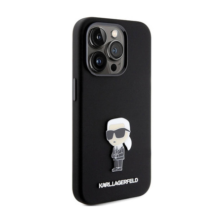Karl Lagerfeld Silicone Ikonik Metal Pin - Etui iPhone 15 Pro (czarny) (KLHCP15LSMHKNPK)