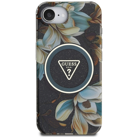 Guess IML Metal Glitter Flowers Triangle MagSafe - Etui do iPhone 16e (czarny) (GUHMPSE4HFLPEDK)