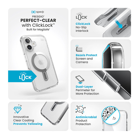 Speck Presidio Perfect-Clear ClickLock & MagSafe - Etui iPhone 16 (Clear / Chrome Finish / Serene Silver) (150691-3199)