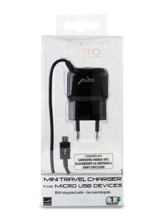 PURO Mini Travel Charger - Przenośna ładowarka sieciowa z kablem Micro USB (czarny) (MTCMICROBLK)