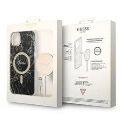 Guess Bundle Pack MagSafe IML Marble - Zestaw etui + ładowarka MagSafe iPhone 14 Plus (czarny/złoty) (GUBPP14MHMEACSK)