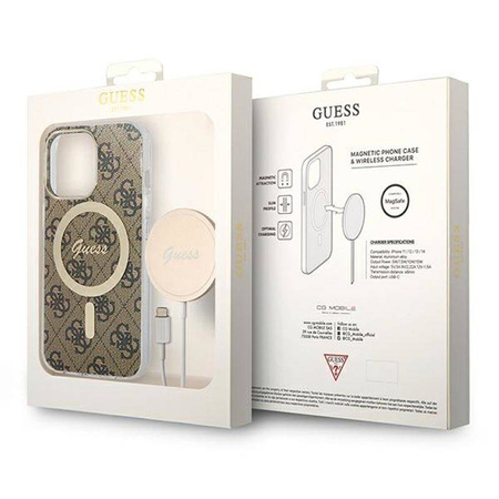 Guess Bundle Pack MagSafe 4G - Zestaw etui + ładowarka MagSafe iPhone 13 Pro (brązowy/złoty) (GUBPP13LH4EACSW)