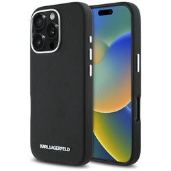 Karl Lagerfeld Saffiano Full Wrapped Elongated Metal Logo MagSafe - Etui do iPhone 16 Pro Max (czarny) (KLHMP16XPSAFWMCK)