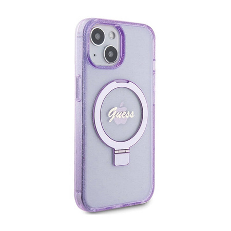Guess Ring Stand Script Glitter MagSafe - Etui iPhone 15 Plus (fioletowy) (GUHMP15MHRSGSU)