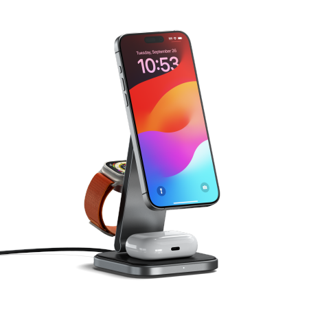 Satechi 3-in-1 Foldable Charging Stand - składana podstawka ładująca Qi2 do trzech urządzeń (US,CAN,EU,UK) Gwiezdna szarość(ST-Q31FM-EA)