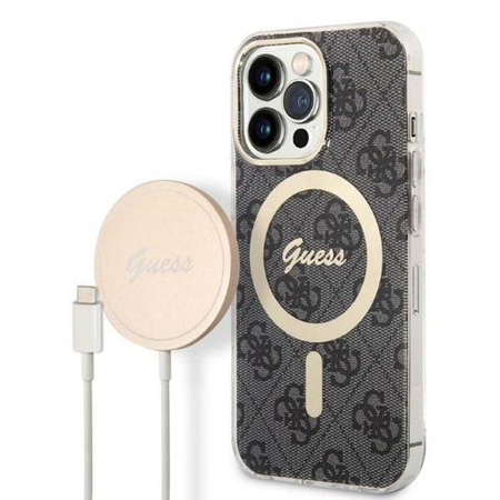 Guess Bundle Pack MagSafe 4G - Zestaw etui + ładowarka MagSafe iPhone 13 Pro (czarny/złoty) (GUBPP13LH4EACSK)