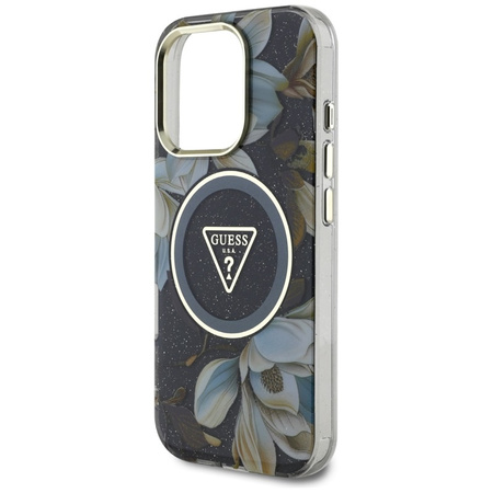 Guess Glitter Flowers Triangle Buttons MagSafe - Etui do iPhone 16 Pro (czarny) (GUHMP16LHFLPEDK)