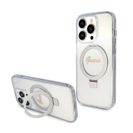 Guess Ring Stand Script Glitter MagSafe - Etui iPhone 15 Pro (przezroczysty) (GUHMP15LHRSGSD)