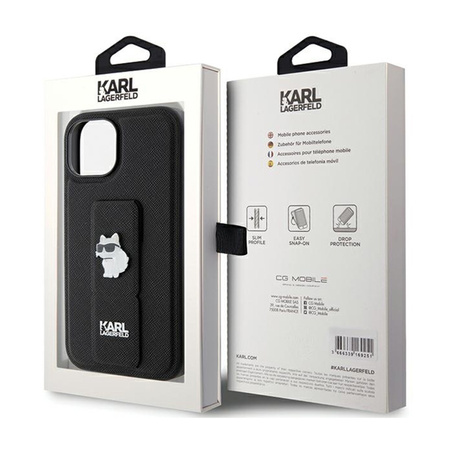 Karl Lagerfeld Gripstand Saffiano Choupette Pins - Etui iPhone 15 (czarny) (KLHCP15SGSACHPK)