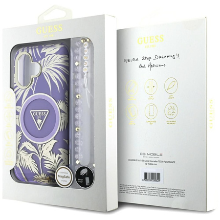 Guess Palm Trees Triangle Pearl Strap MagSafe - Etui do iPhone 16 (fioletowy) (GUHMP16SHPCTPLSU)
