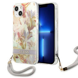 Guess Flower Cord - Etui ze smyczką iPhone 13 mini (Purple) (GUHCP13SHFLSU)