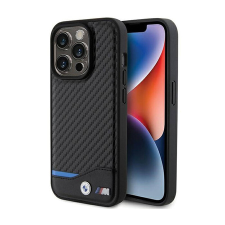 BMW Leather Carbon Blue Line MagSafe - Etui iPhone 15 Pro Max (czarny) (BMHMP15X22NBCK)