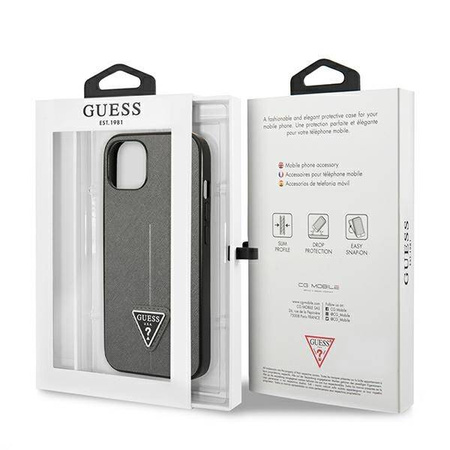 Guess Saffiano Triangle Logo Case – Etui iPhone 13 mini (srebrny) (GUHCP13SPSATLG)