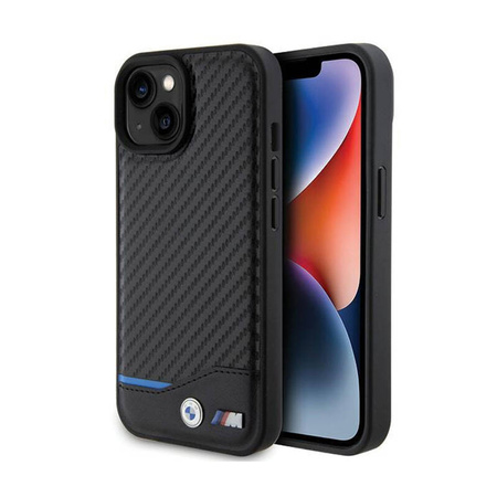 BMW Leather Carbon Blue Line - Etui iPhone 15 (czarny) (BMHCP15S22NBCK)