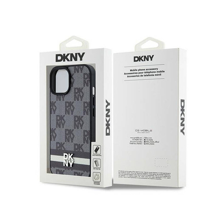 DKNY Leather Checkered Mono Pattern & Printed Stripes - Etui iPhone 15 Plus / 14 Plus (czarny) (DKHCP15MPCPTSSK)