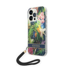 Guess Flower Cord - Etui ze smyczką iPhone 14 Pro (niebieski) (GUOHCP14LHFLSB)