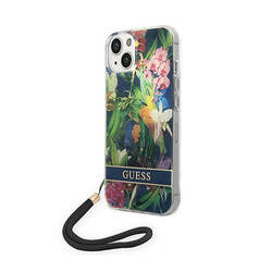 Guess Flower Cord - Etui ze smyczką iPhone 14 Plus (niebieski) (GUOHCP14MHFLSB)