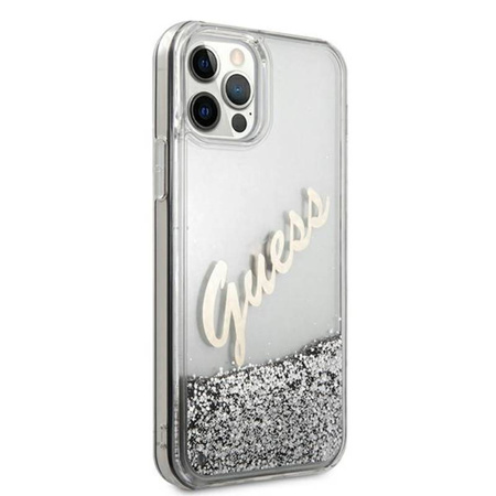 Guess Glitter Vintage Script - Etui iPhone 12 Pro Max (srebrny) (GUHCP12LGLVSSI)