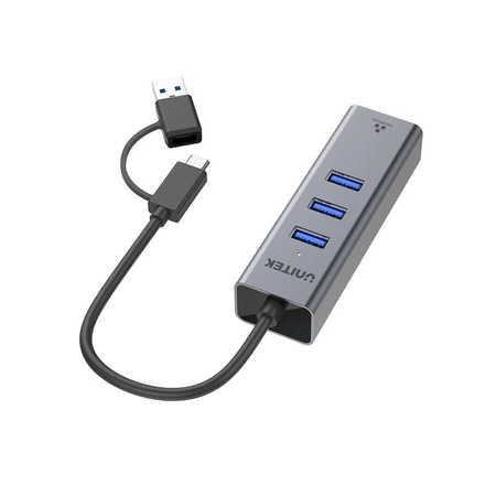 Unitek Hub USB C 4w1 Ethernet 3 x USB A 5 Gbps z adapterem USB A (Y-3088B)