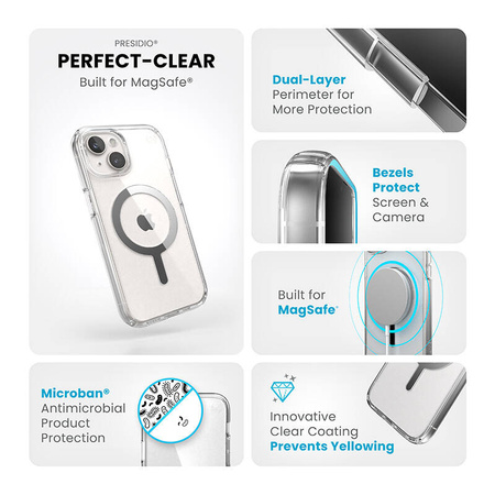 Speck Presidio Perfect-Clear MagSafe - Etui iPhone 16e / iPhone 15 / iPhone 14 / iPhone 13 (Clear / Chrome Finish / Serene Silver) (150553-3240)