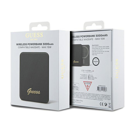 Guess Metal Script Logo MagSafe - Power Bank indukcyjny 5000 mAh 15W MagSafe (czarny) (GUPBM5ALGSGK)