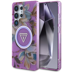 Guess Glitter Flowers Triangle Buttons MagSafe - Etui do Samsung Galaxy S25 Ultra (fioletowy) (GUHMS25LHFLPEDU)