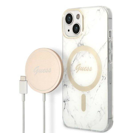 Guess Bundle Pack MagSafe IML Marble - Zestaw etui + ładowarka MagSafe iPhone 14 Plus (biały/złoty) (GUBPP14MHMEACSH)