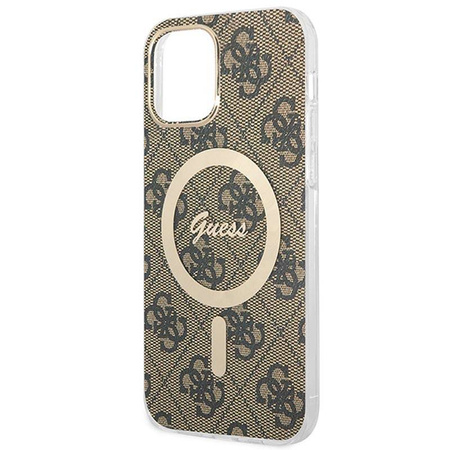 Guess Bundle Pack MagSafe 4G - Zestaw etui + ładowarka MagSafe iPhone 12 / iPhone 12 Pro (brązowy/złoty) (GUBPP12MH4EACSW)